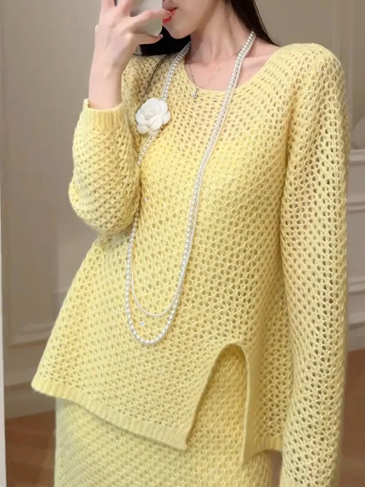 

Ele Hollow out round Ne Knitwear plus Size Faionable Versatile Slimming Top for Women Autumn Winter New Arrival