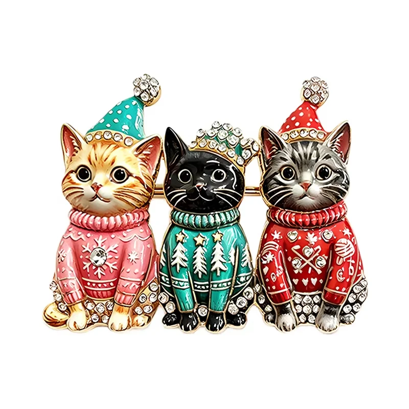 FTCY Three Christmas Cats Brooches For Unisex Fashion Lovely Cat Kitty Brooch Wear Hat For Friends New Year Gifts