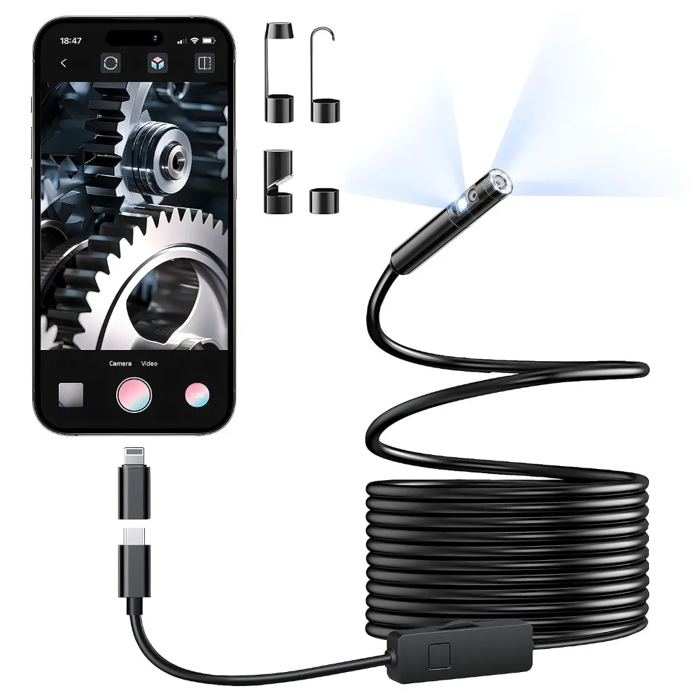 Dual Lens Endoscope Camera 1920P Borescope 8+1 LED IP67 Waterproof Snake Inspection Camera Type C iPhone Android Car Repair