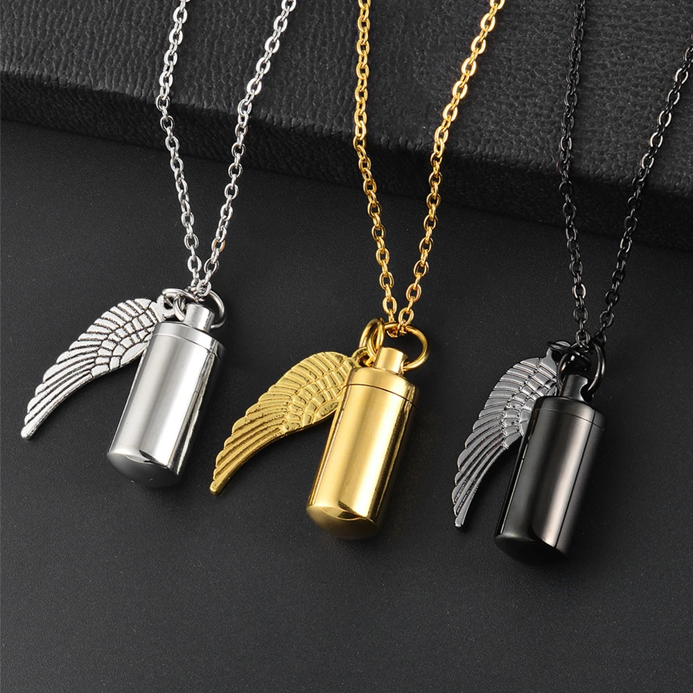 Unisex Fashion Stainless Steel Jewelry Holder Cylinder Ashes Urn Pendant Angel Wing Charm Cremation Memorial Necklace Jewelry