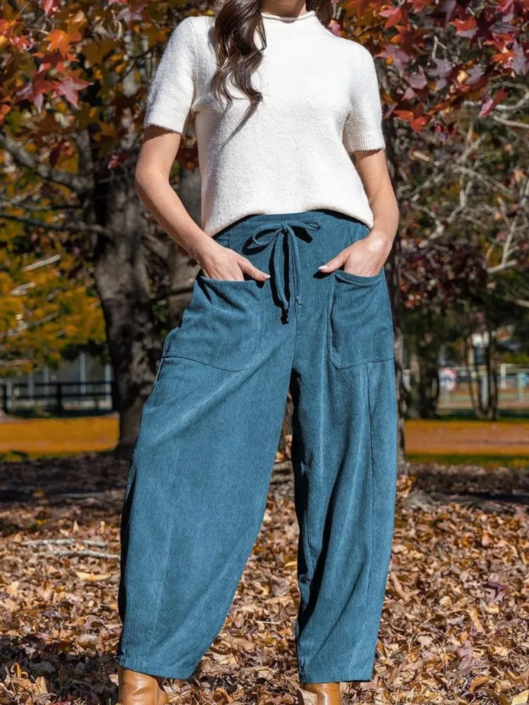 Autumn And Winter Corduroy Casual Slimming Harlan Pants Women's Commuting Mid-waist Wide-leg Solid Color Nine-point Short Pants