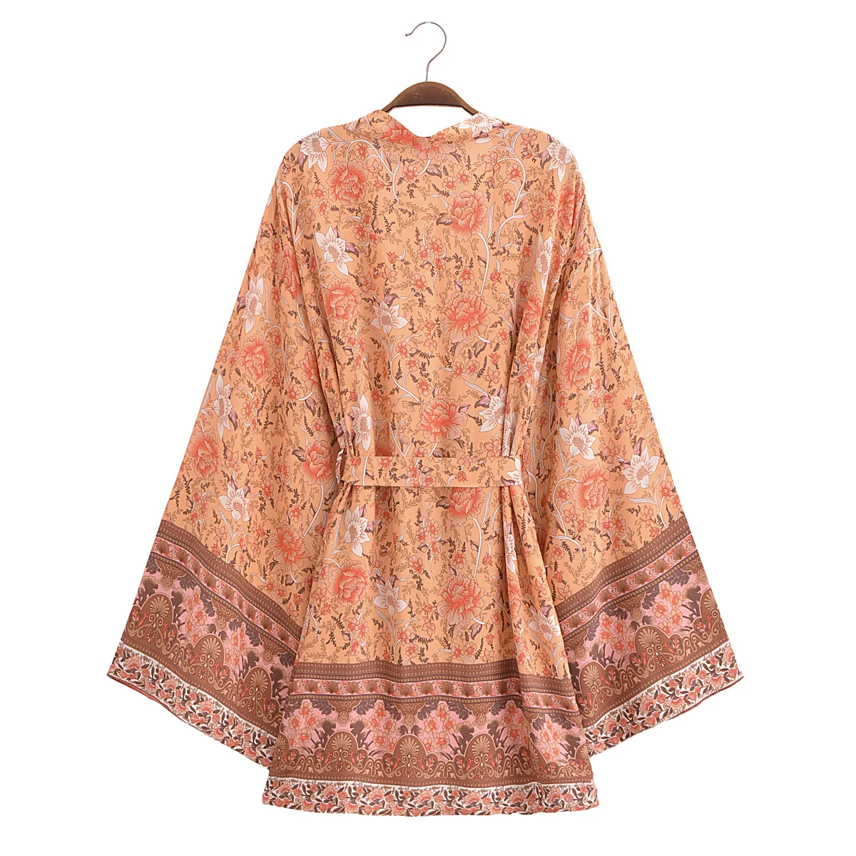 BOHO Women Light Orange Flower Print Kimono Cardigan Holiday Tide Bow Sashes Mid Long Shirt Loose Blouse Beach Cape