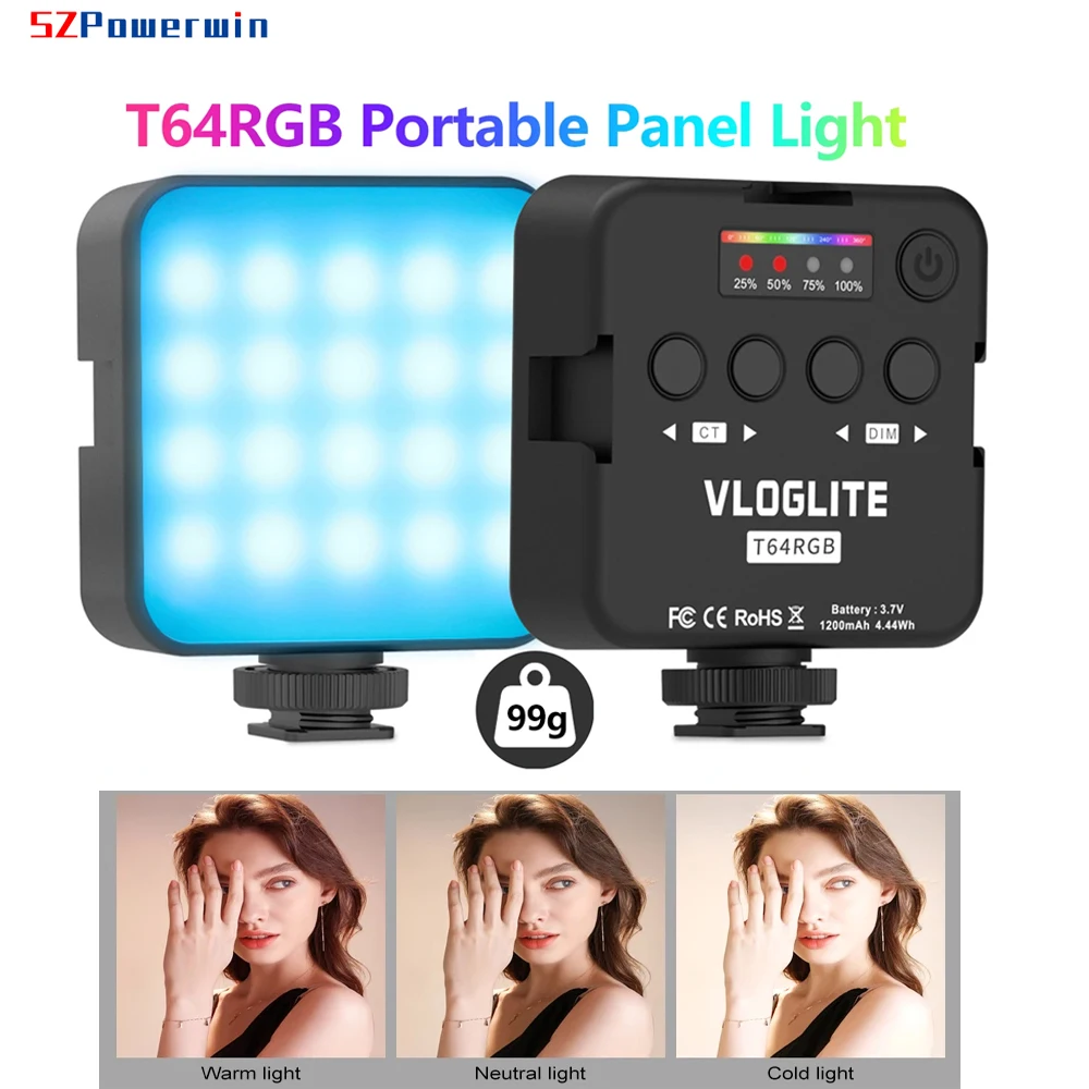 Powerwin T64 RGB LED Panel Light Mini Pocket Camera Vlog Lite 65 LEDs 1200mAh Rechargeable Portable Photo Video Lamp Lighting