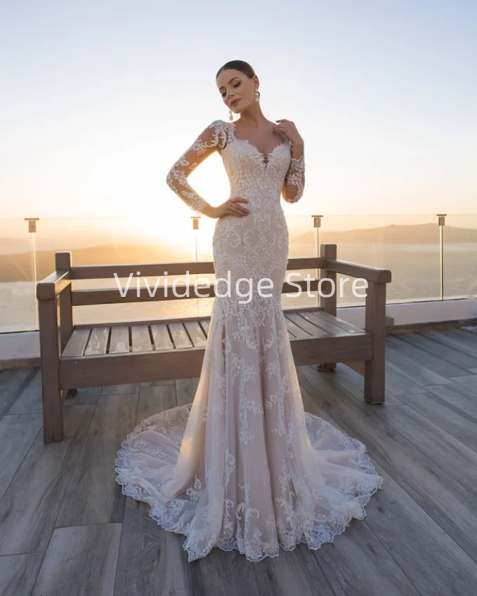 

Customized Long Sleeve Lace Mermaid Wedding Dress 2025 Tulle Applique Sexy V Neck Bridal Gowns vestidos de novia boda civil