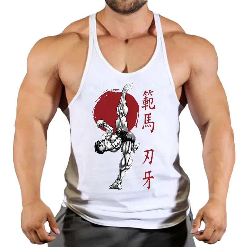 Baki Graphic Cotton Tank Tops for Men Summer Sleeveless Y-Back Vest Gym Muscle Training Athletic Workout Undershirt Activewear