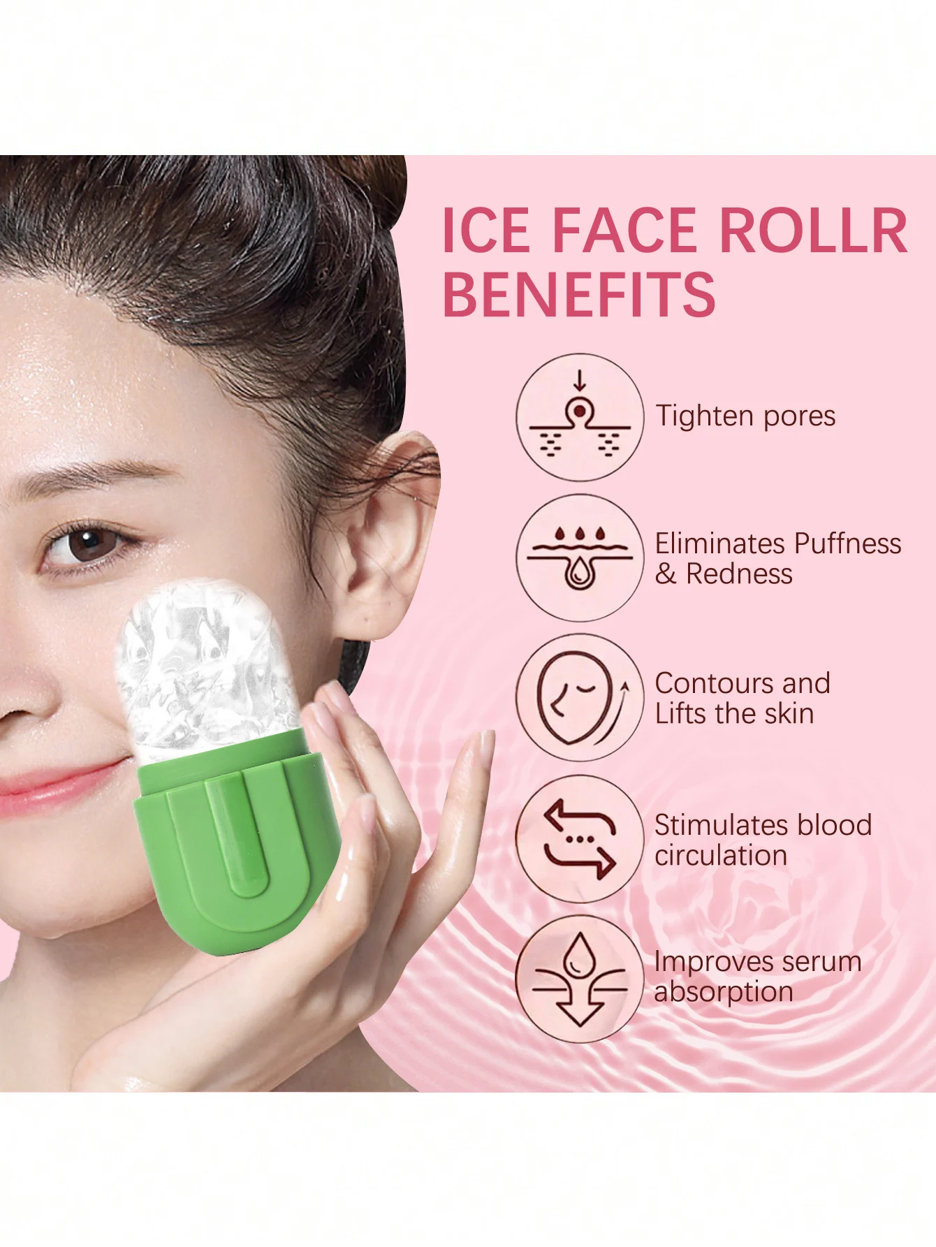 Rodillo de hielo para rostro y ojos mejorado con forma trasera, masajeador facial para el cuidado de la piel, molde de hielo de silicona reutilizable para pieles frescas y frescas