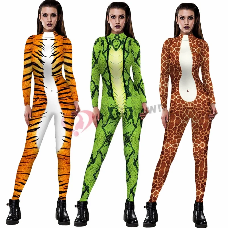 Nowe seksowne kostiumy na Halloween dla kobiet wąż tygrys zebra lampart drukowanie 3D zwierząt Cosplay Zentai garnitur body kombinezony