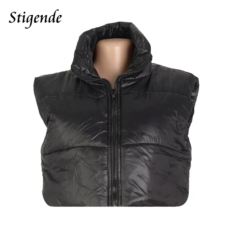 Stigende feminino gola alta preto colheita colete leve fino sem mangas puffer jaqueta casual zippper cordão curto regata