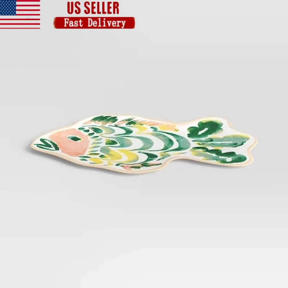 

Coastal Fish Serving Platter Melamine Handpainted Design Novelty Dish Dishwasher Safe Large 17in Tableware Dining Essentials