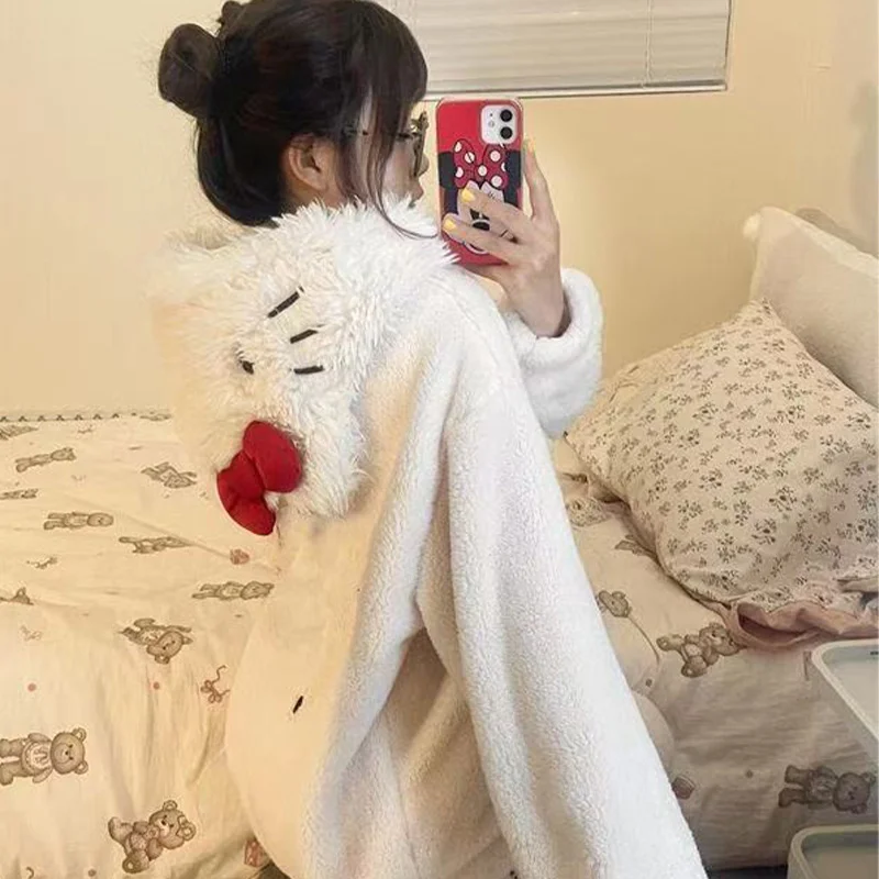 Kawaii سانريو الكرتون مرحبا كيتي مقنعين بيجامة من الصوف الفتيات الشتاء Homewear مع بطانة الصوف سميكة للدفء لطيف هدية #6