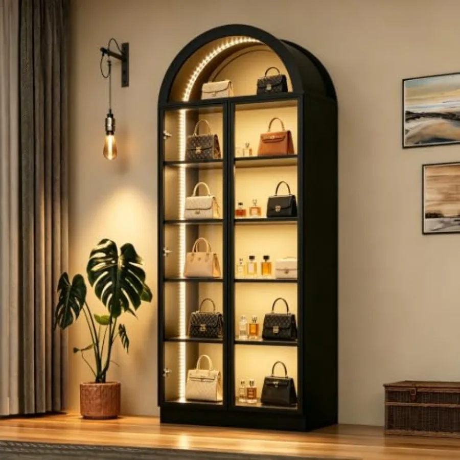Arch display cabinet for living room office, acrylic glass door, white, 77 tall with LED light and 6-tier shelving for collecti