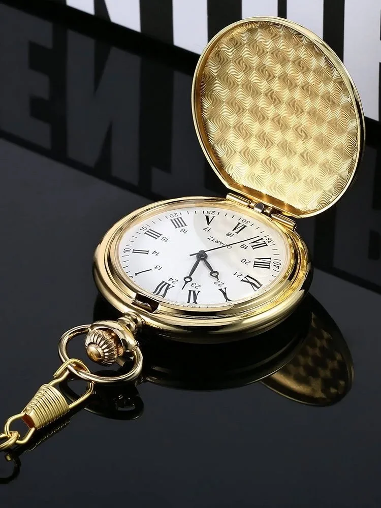 Vintage Luxury Sliver Gold Black Engraved Quartz Pocket Watch for Men Golden Case Fob Chain Clock for Gifts Old Necklace Watches