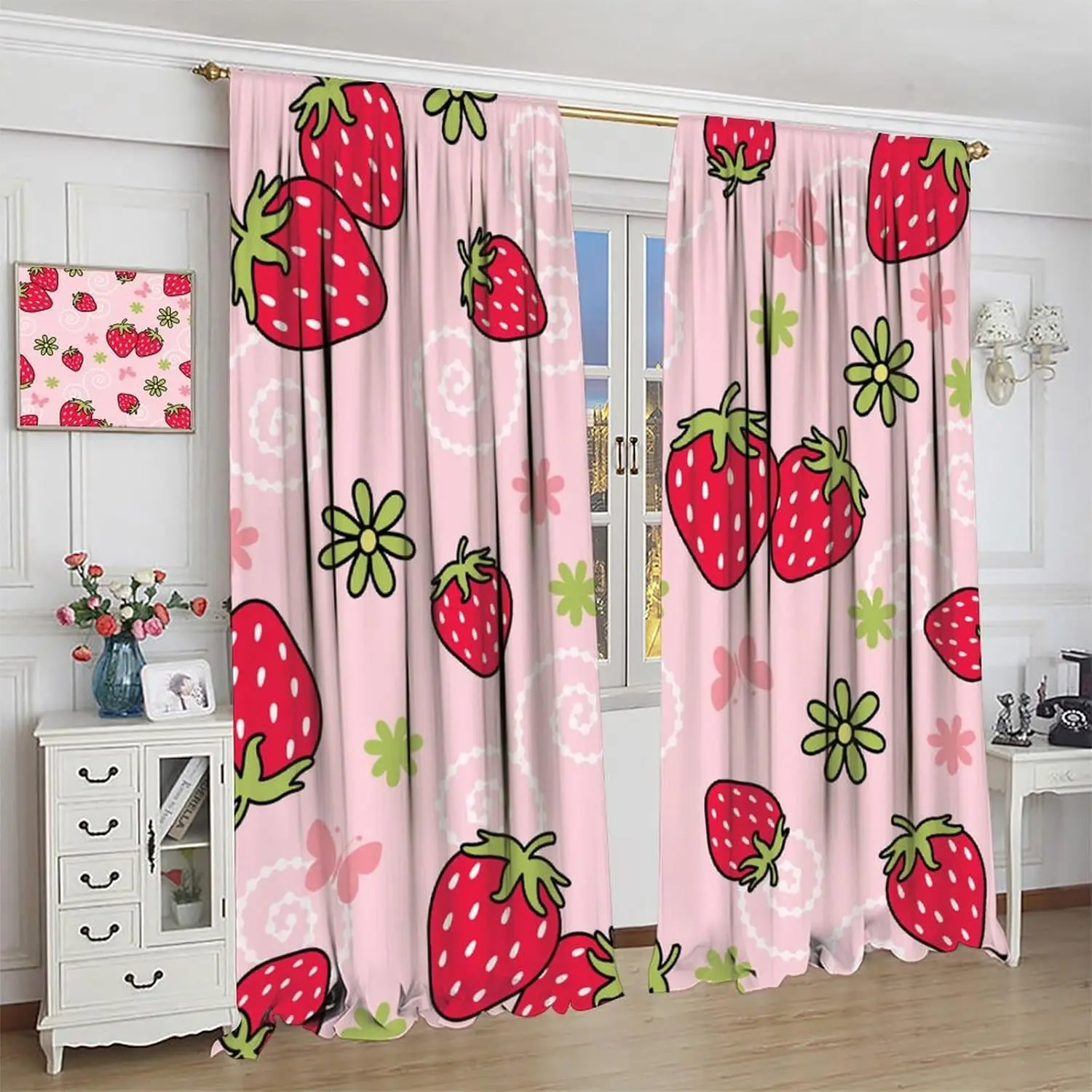 Fruit Blackout Curtains,Cute Cartoon Pink Strawberry Pattern Drapes Window 2 Panel Rod Pocket Curtain for Bedroom Living Room