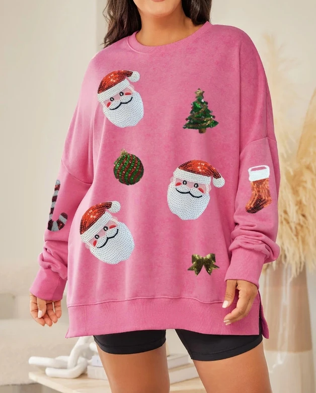 Womens Christmas Sweatshirts Sequin Santa Graphic Prints Oversized Hooodie Long Sleeve Crew Neck Losoe Pullovers Tops