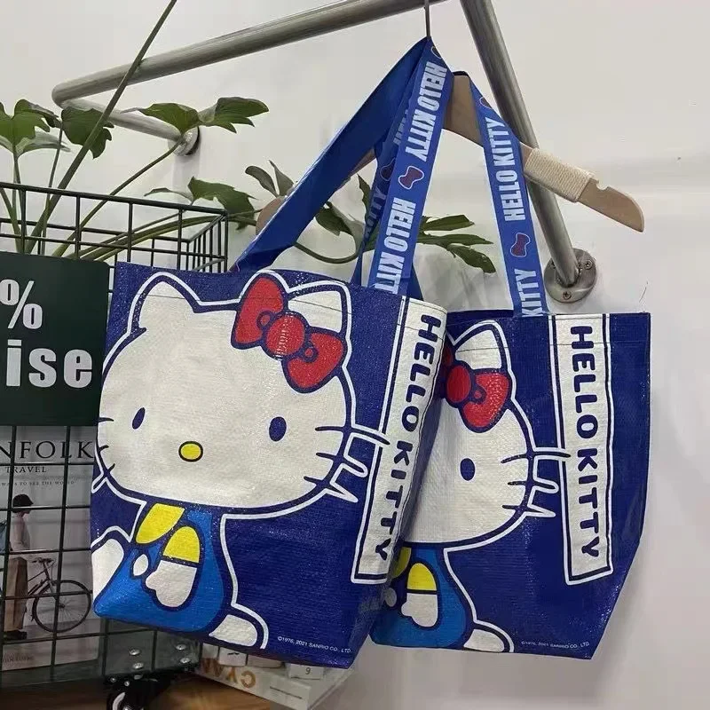 Hello Kitty Women\'s Handbags Cartoon Sanrio Pattern Large Capacity Shopping Bag Kawaii Blue Kitty Shoulder Bags for Girls