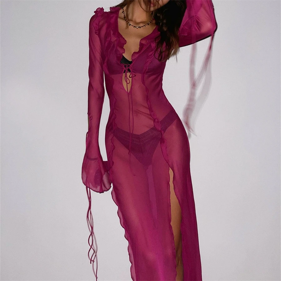

See-through Ruffles V Neck Tie-Up Beach Long Dress 2023 Summer Sexy Bikini Cover-Ups Long Sleeve High Split Hem Mesh Dress
