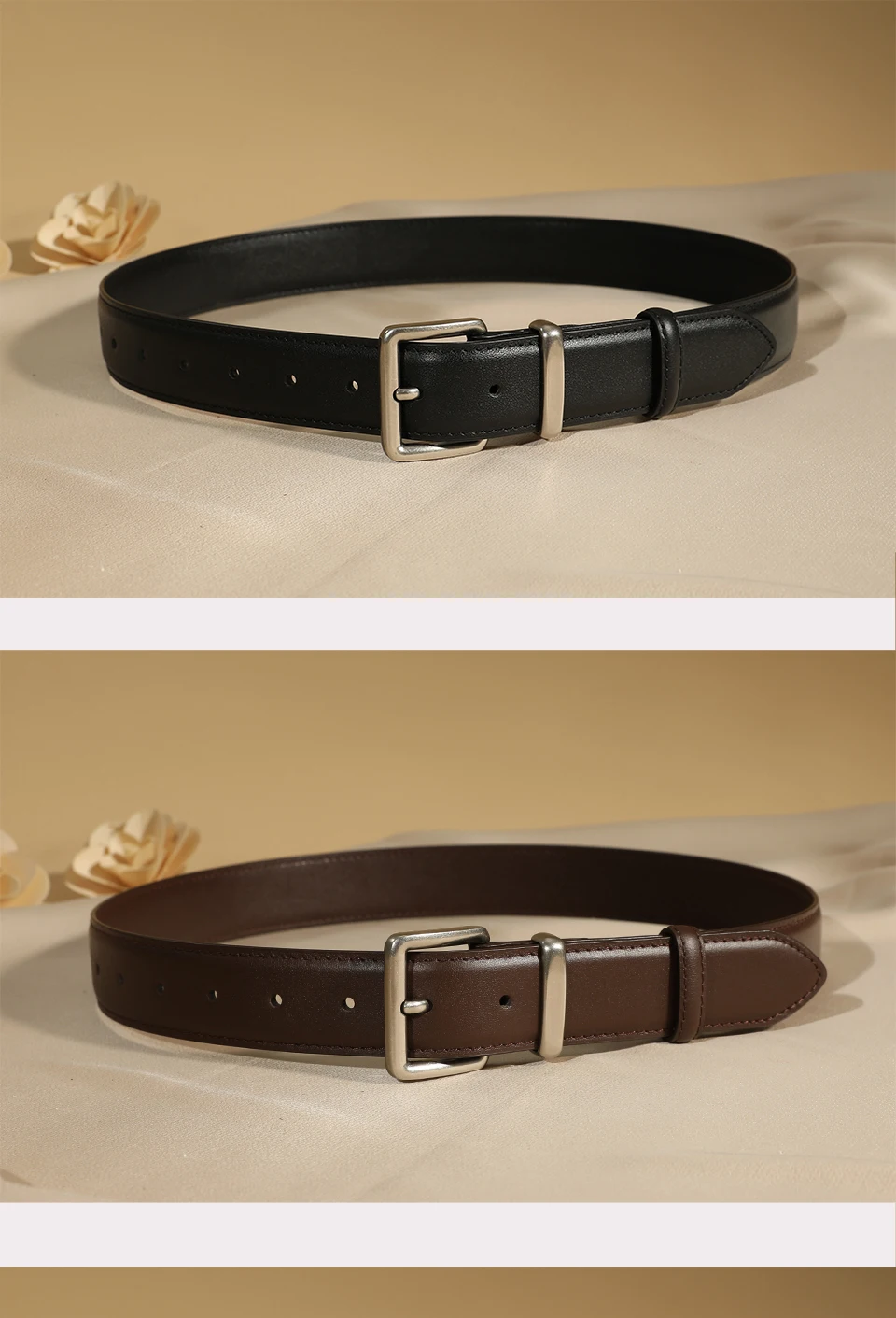 Luxuriöser Damen-Gürtel aus echtem Leder, modischer schmaler Taillengürtel mit Dornschließe für Jeans und Hosen, 3,3 cm breiter Gürtel mit Gold-/Silberschnalle – Detail 9