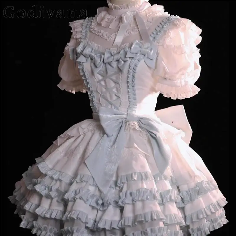 

Blue White Sweet Lolita Dress and Shirt Set Women Cute Lolita Lace Bow Princess Dress Female Japanese Style Party Dress