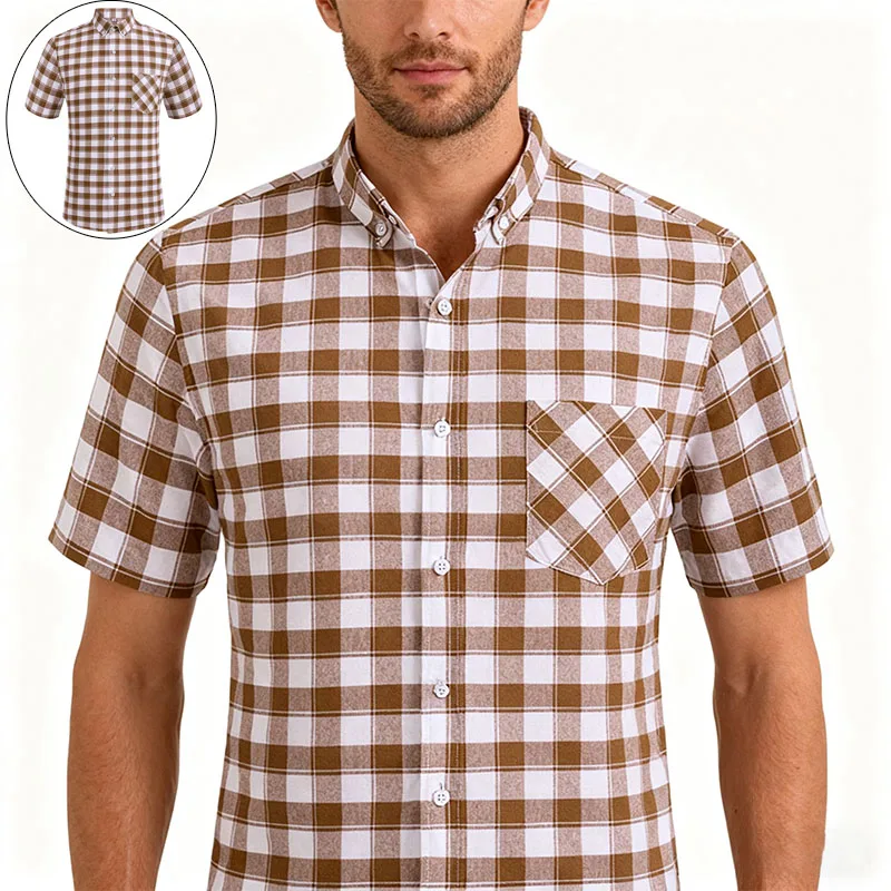 Fashion Classic Men's Short Sleeve Plaid Shirts 100% Oxford Cotton Casual Office Soft Comfortable Business Slim Fit Check Blouse