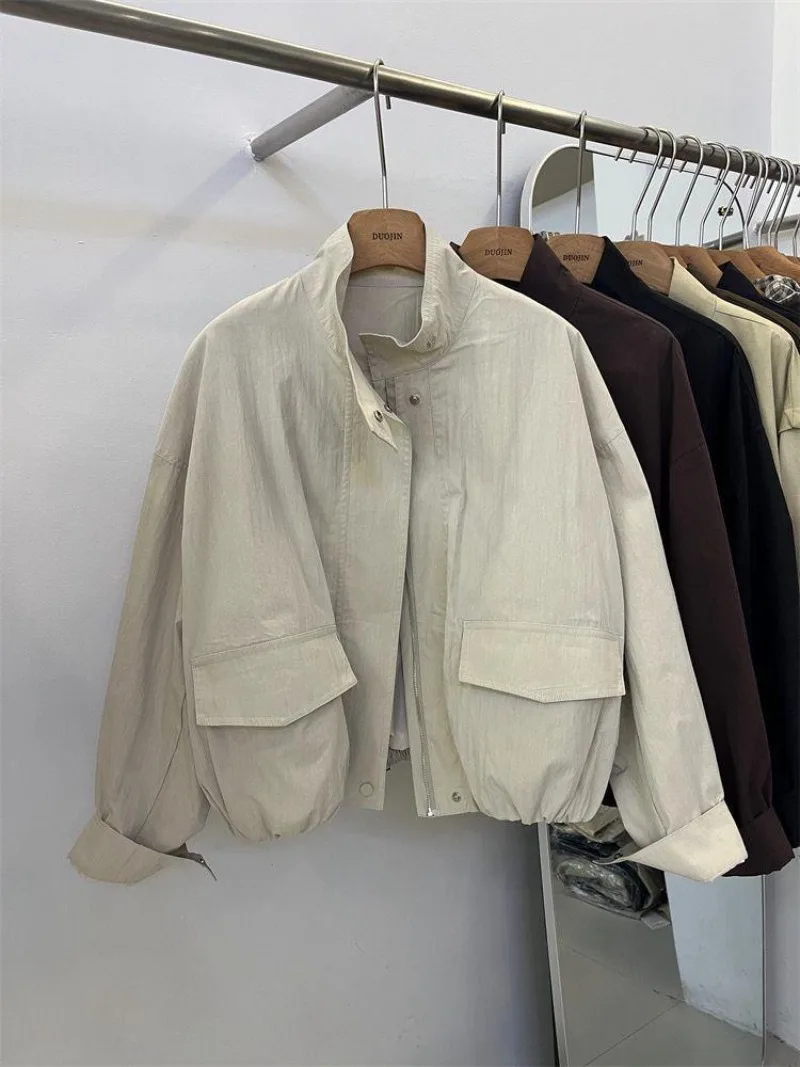 Spring Autumn Stand-up Collar Tooling Jacket Women's New Design Sense Niche Hong Kong Style Loose and Versatile Casual Chic Top