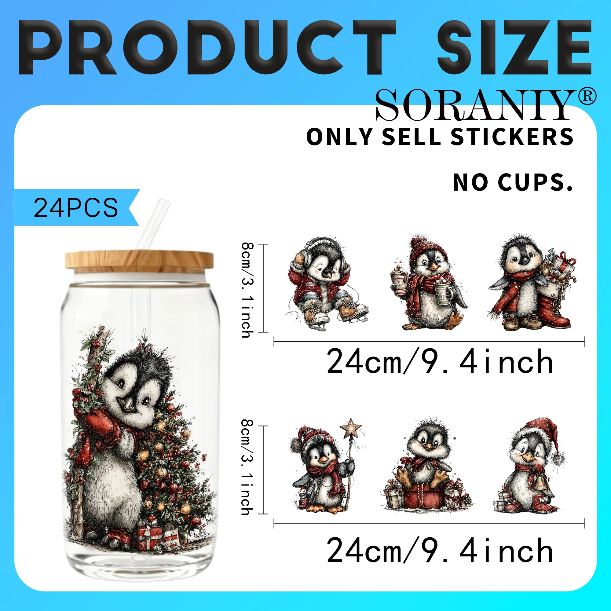 24PCS/Set Watercolor Christmas Penguin  Themed UV DTF 16OZ DIY Transfer Paper Set Golden Text Used For 16oz Water Bottles Glass