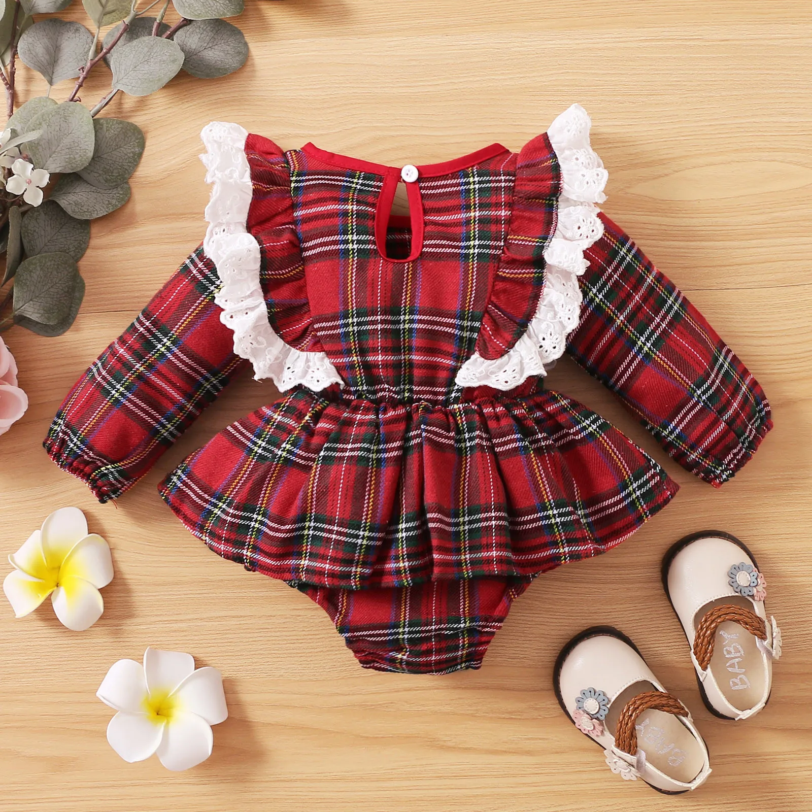 Baby Girl Christmas Bodysuits Long Sleeve Red Plaid Ruffle Lace Bodysuits Jumpsuit 2024 New Xams Baby Girl's Cosplay Clothes