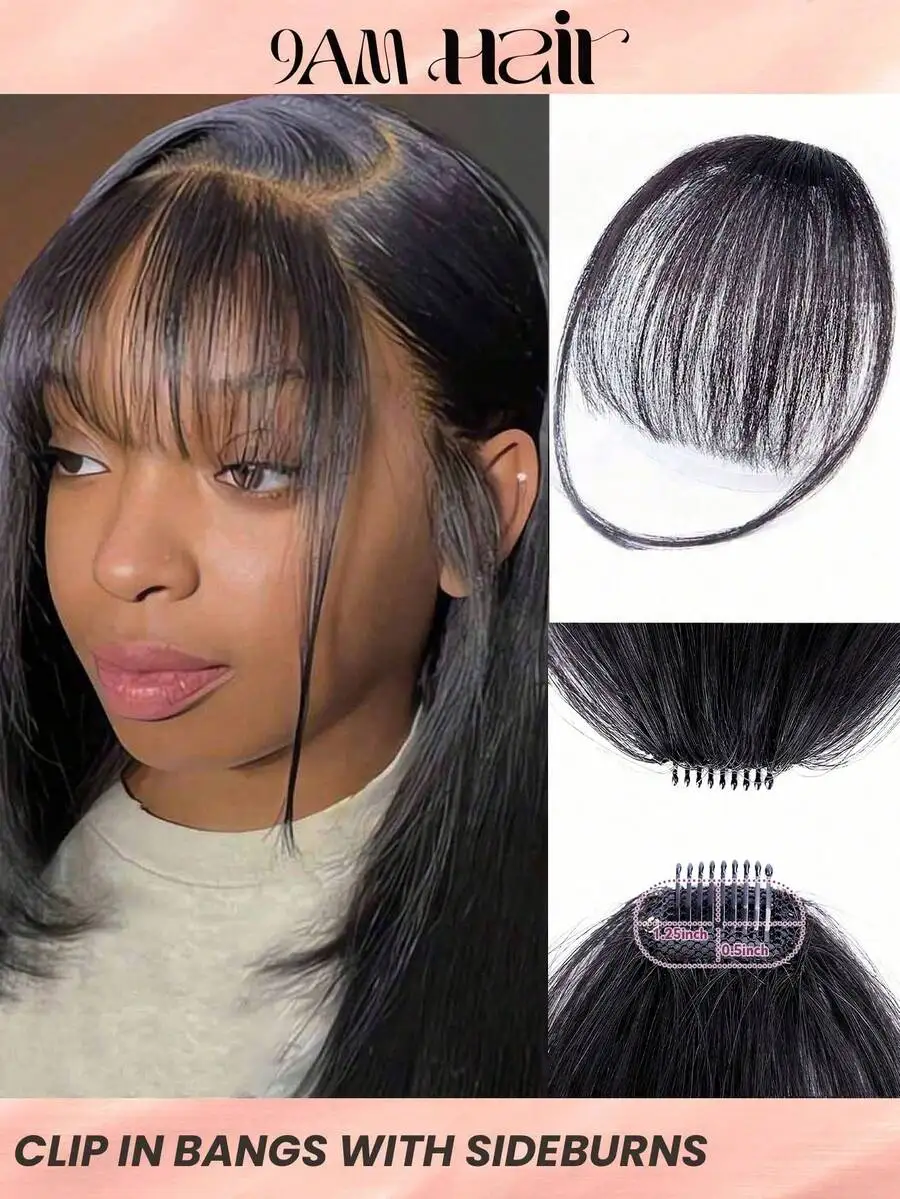 

Human Hair Air Bangs With Sideburns 1B Bangs Clip In Hair Extension Beginner Friendly Wear Real Easy To Wear Natural Black Color