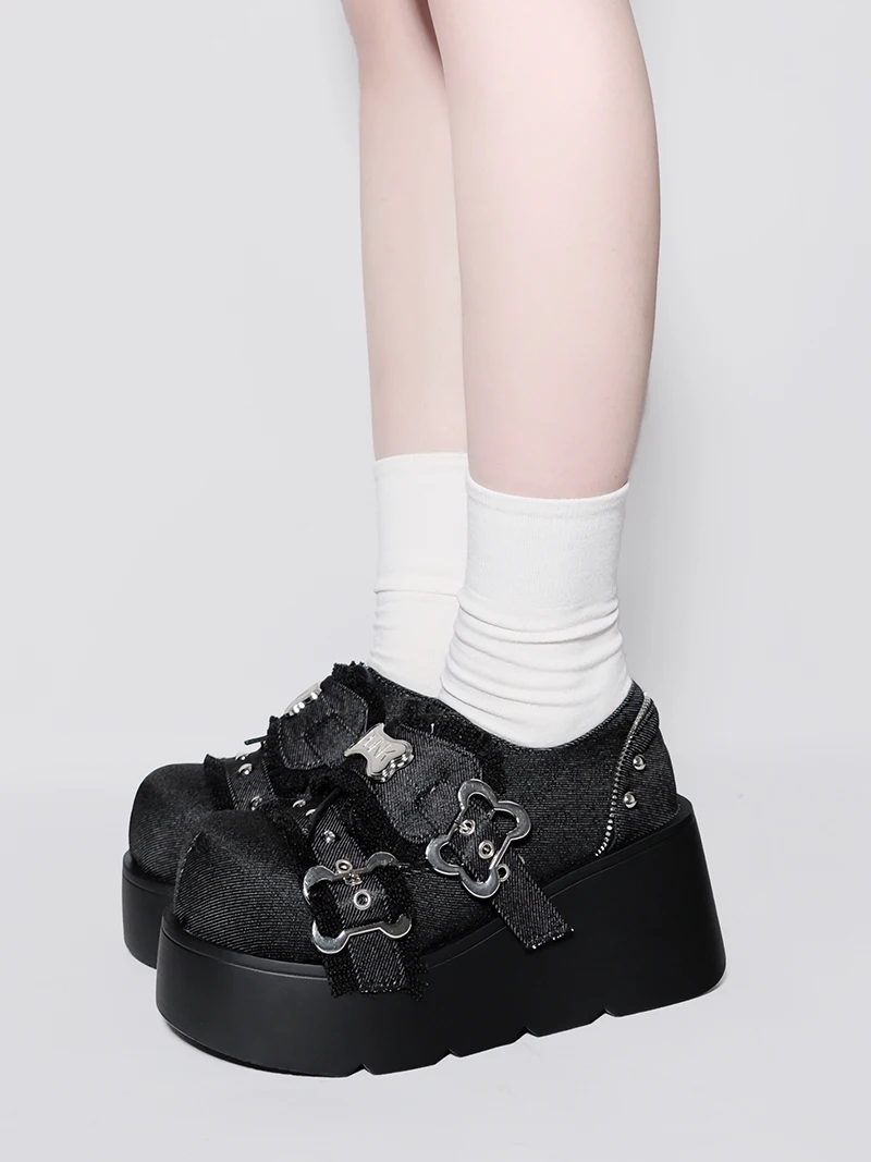 Original Y2K Denim Thick Soled Shoes Punk Style Round Toe Sponge Cake Shoes Millennium Hot Girl  Cos Lolita Punk Girl