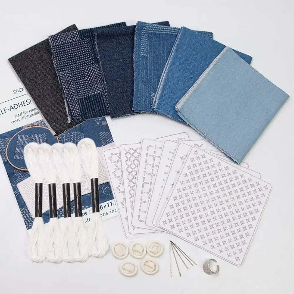Conjunto de bordado Sashiko Soluble en agua para principiantes, con hilo y agujas, tela vaquera, bordado a mano, Kit de Sashiko, suministros de costura