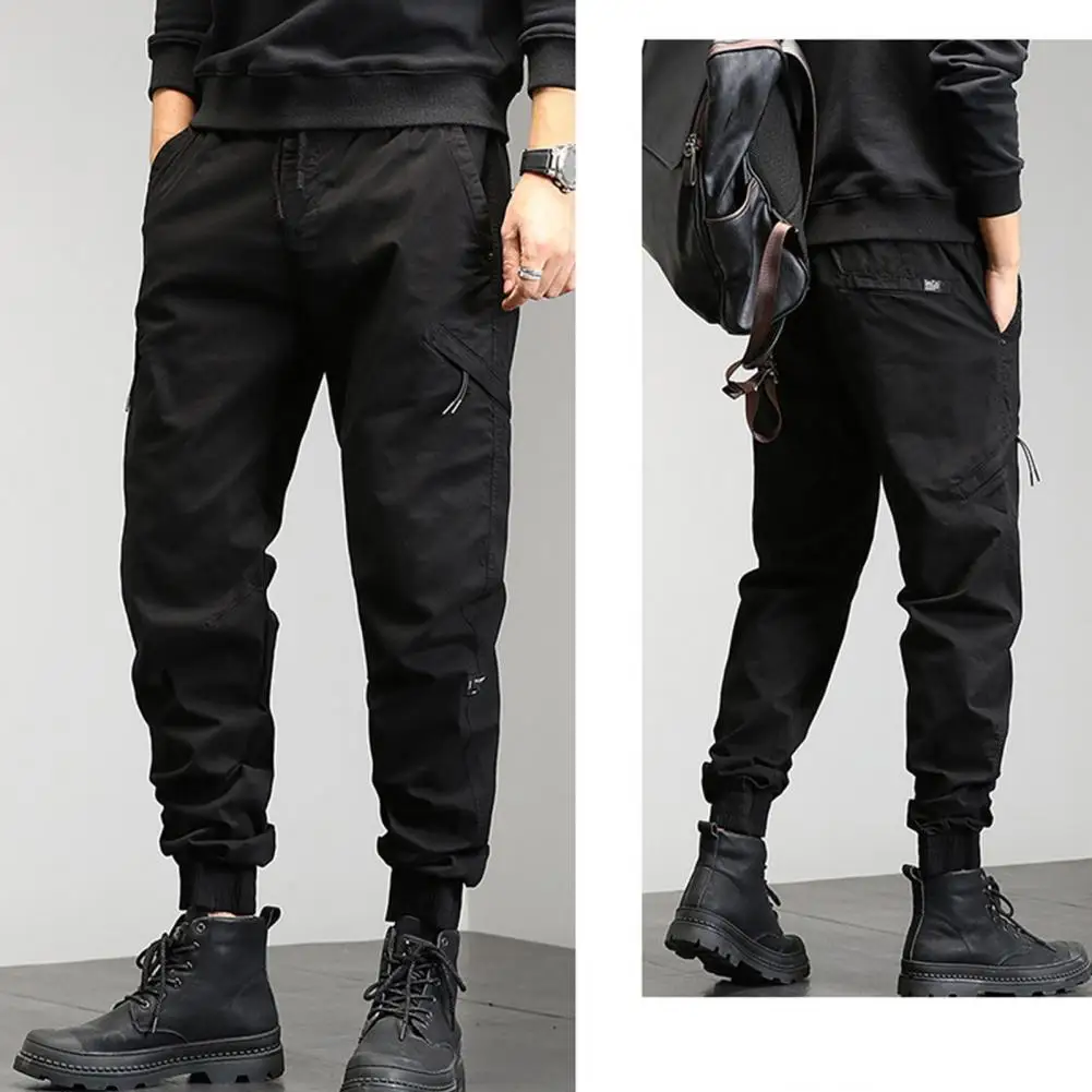 

Men Sweatpants Breathable Mid Waist Men's Cargo Pants with Elastic Drawstring Ankle-banded Loose Fit Multiple Pockets Solid