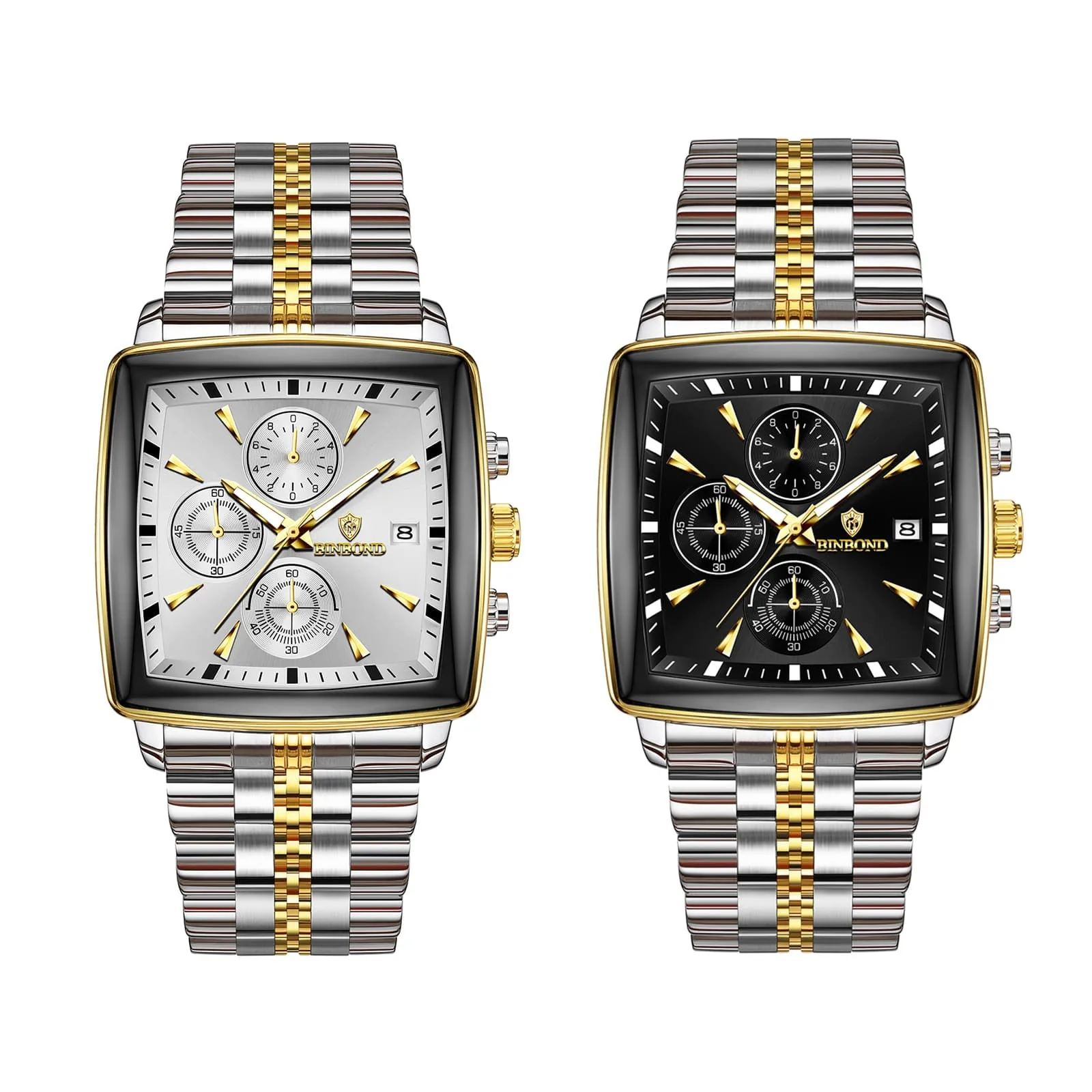 Men Square Chronograph Watch Two Tone Steel Band Waterproof Quartz Business Gift Luxury Stainless Male Wristwatch Clock