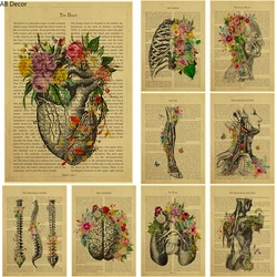 Pósteres de anatomía de corazón humano/pulmón/treso/cerebrum con flores y descripción, impresiones Retro, decoración médica para el hogar, pintura artística de pared