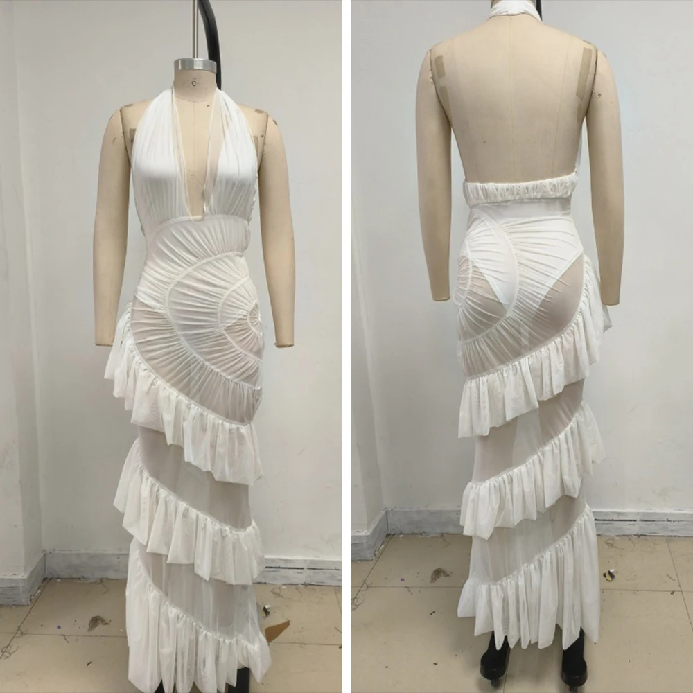 ชุดเดรสยาวแบบมีระบายชั้นๆ ผ้าทูลล์เนื้อบางเบา คอวีลึกแบบเซ็กซี่ สายคล้องคอ เปิดหลัง แต่งระบาย ผ้าตาข่ายโปร่งแสง ดีไซน์แอมโมไนต์  ชุดราตรีหรูหราสำหรับงานพรอมหรืองานเลี้ยงตอนเย็น