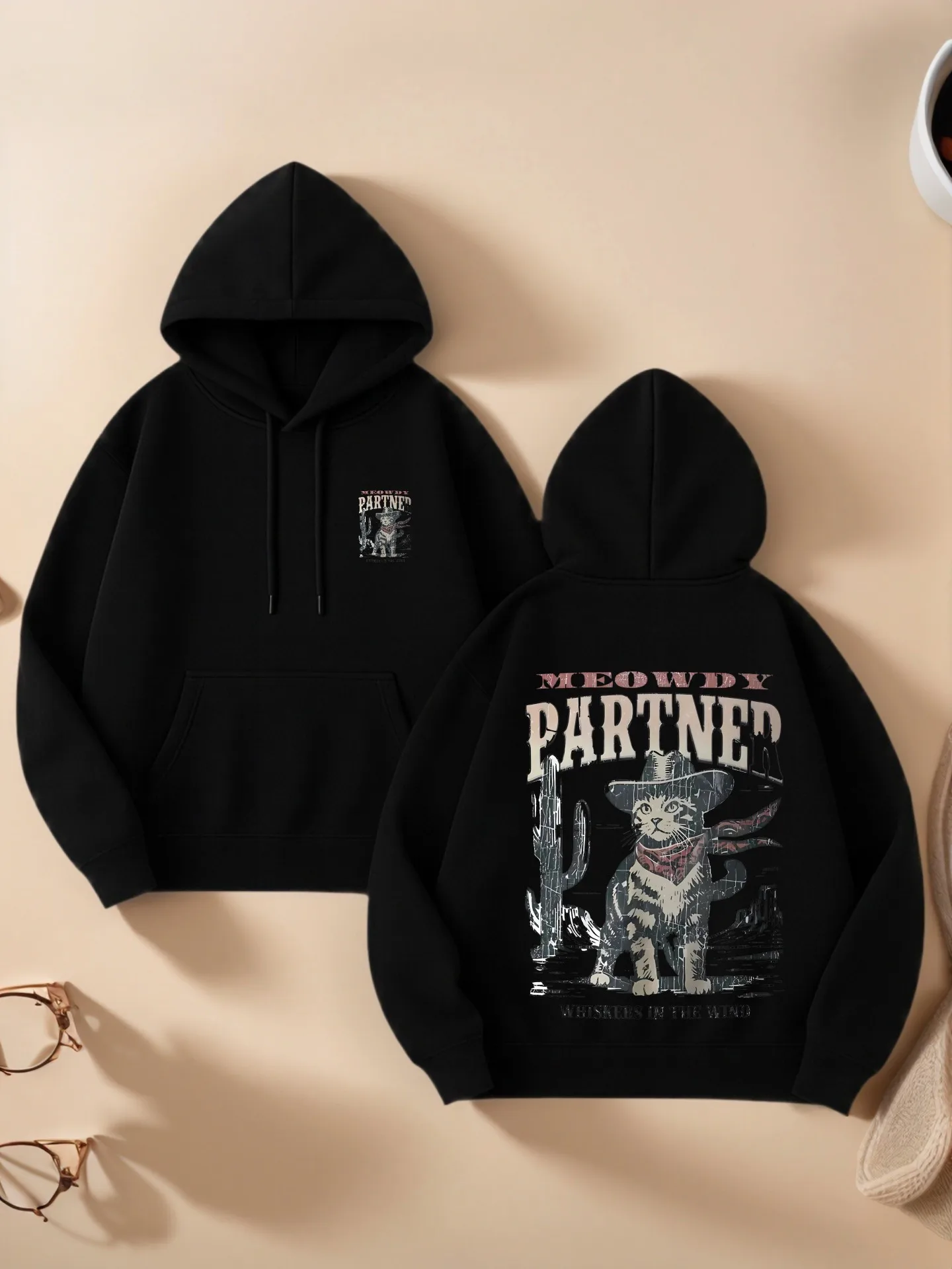 

Graphic Hoodie Women, Cowboy - Cat Graphic Print, Casual Aesthetic, Soft Fabric, Casual Everyday Wear, For Young Men