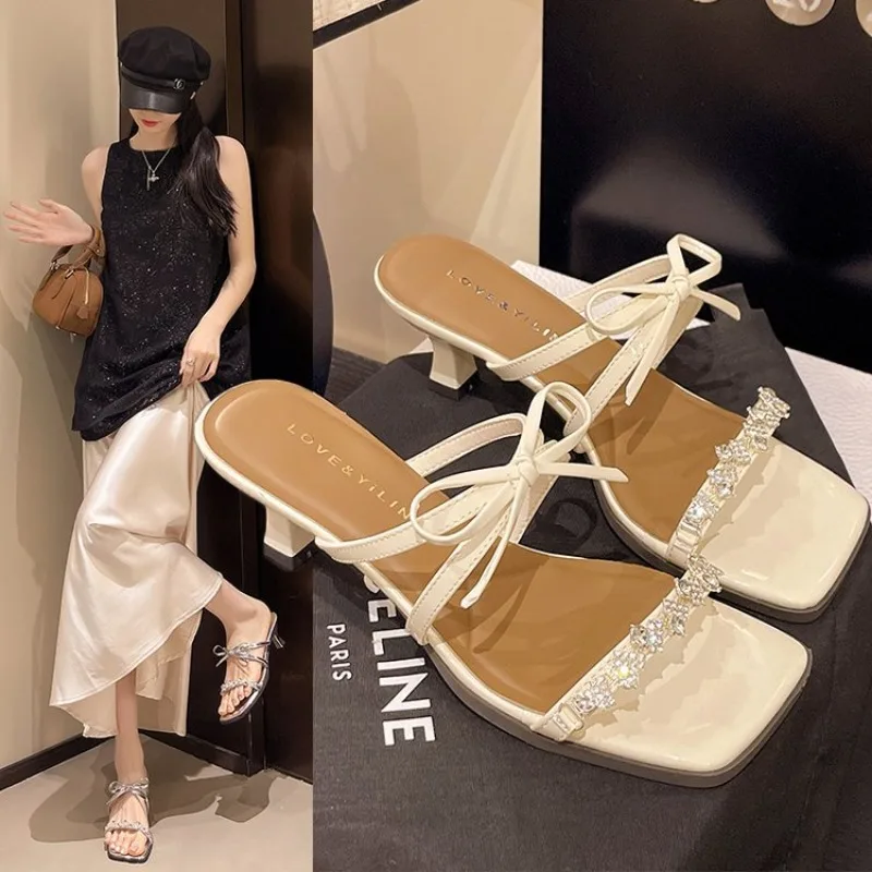 

Wine Red High Heels Sandals for Women Square Toe Bowtie Decor Summer Outdoor Slippers Woman Thin Heeled Party Wedding Shoes New