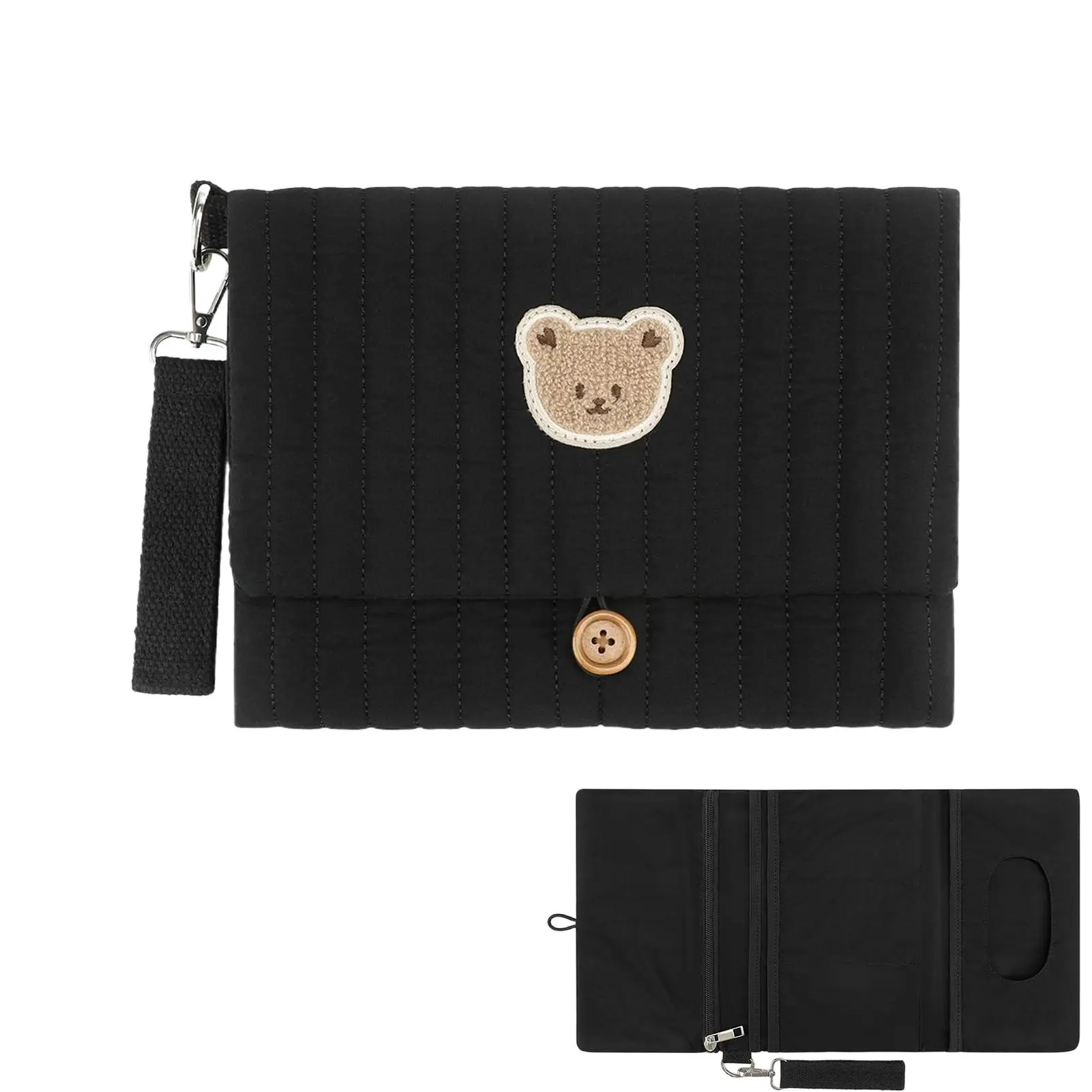 

Diaper And Wipes Pouch Cute Bear Embroidery Foldable Purse With Stroller Strap Multiple Pockets Diaper Purse For Mom For Boy