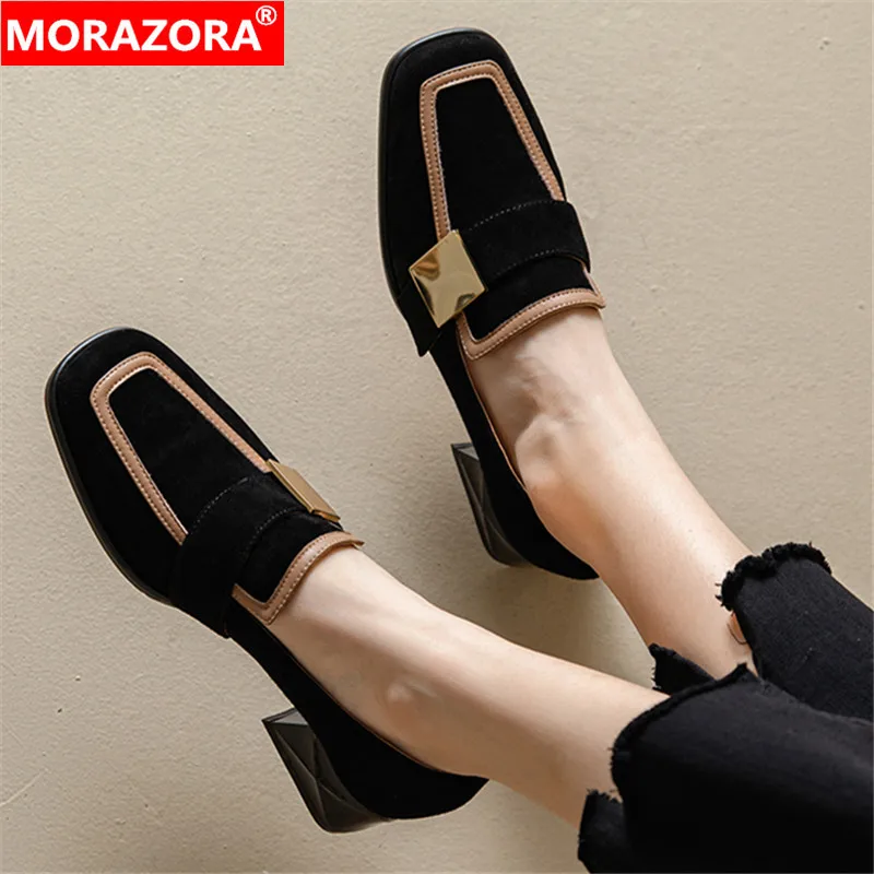 

MORAZORA 2024 New Classics Kid Suede Shoes Woman Slip On Square Med Heels Dress Single Shoes Office Ladies Mixed Colors Pumps