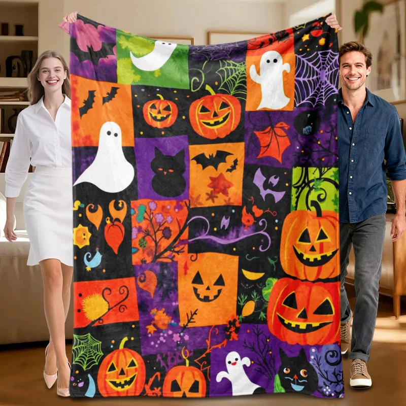قطعة واحدة من بطانية الفانيلا بطابع الهالوين، نمط اليقطين والشبح الملون، مناسبة للأريكة والسرير والمكتب والهدية المثالية لـ fam