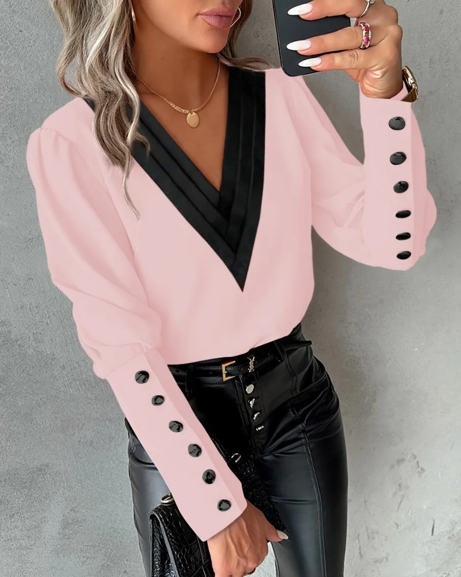 Primavera e outono moda feminina rosa manga comprida solta camisa casual elegante feminino com decote em v botão emendado camisa de escritório blusa