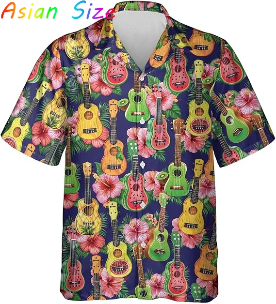 

Тропические пляжные рубашки для вечеринок, мужские Гавайские праздничные блузки с цветочным принтом и гитарой, 2021, майки с лацканами, женские гавайские рубашки с короткими рукавами, топы