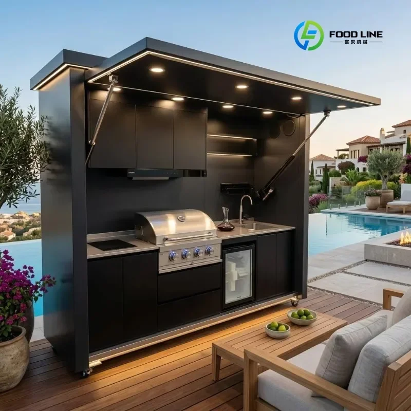 FL Outdoor Kitchen Station Waterproof BBQ Cabinetry with Smart LED Canopy Integrated Sink for Garden Villa Custom