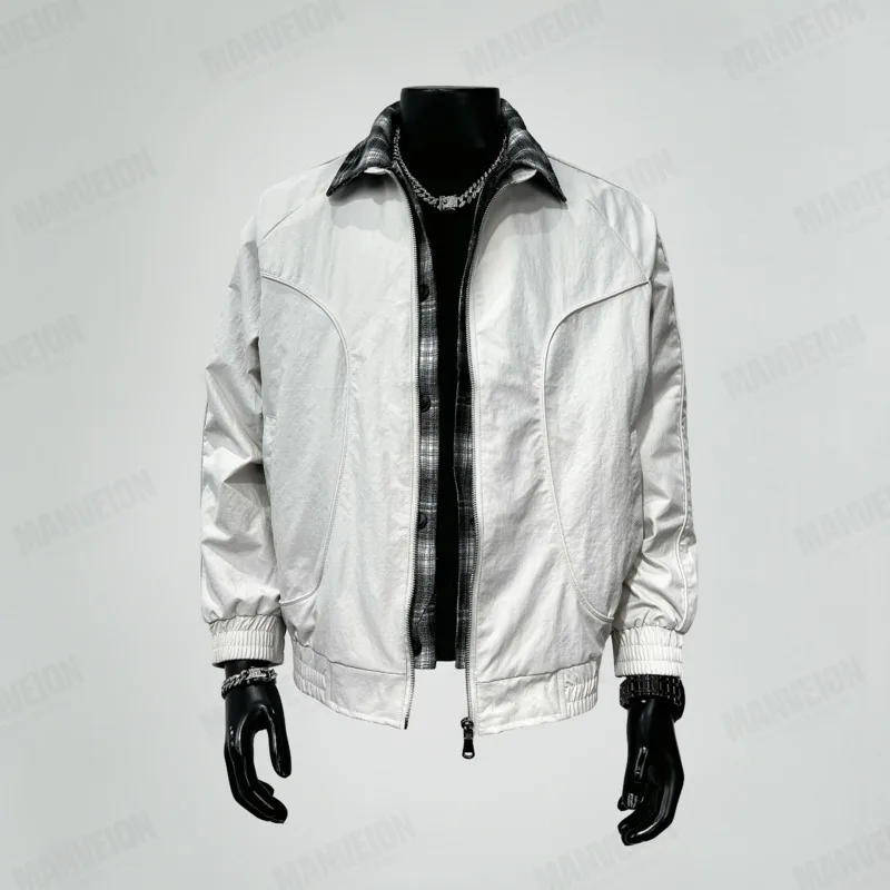 HKSH Spring Autumn New Man Trend Punk Fake Two Pieces Contrast Color Patchwork Plaid Casual Retro High Street Ins Jacket HK14347