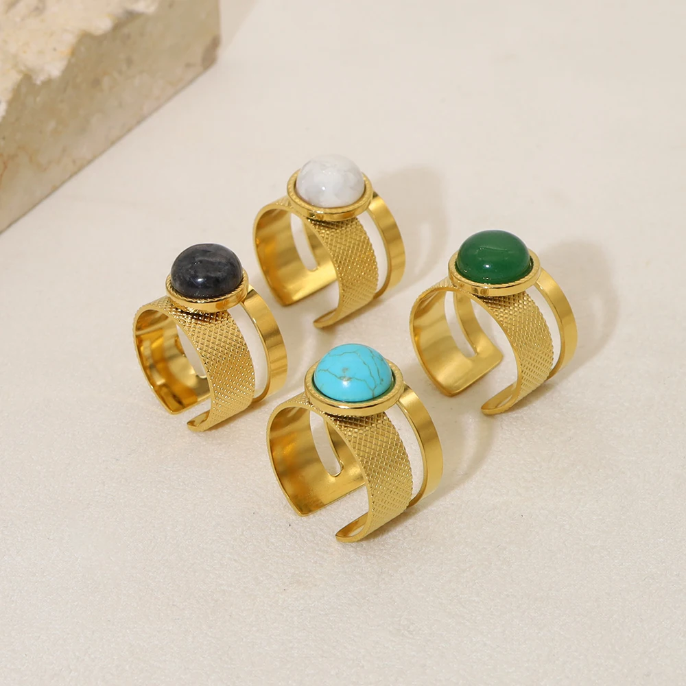 WILD & FREE 18K مطلية بالذهب الفولاذ المقاوم للصدأ خواتم واسعة للنساء الحجر الطبيعي الفيروز الاتجاه المجوهرات الجمالية #5
