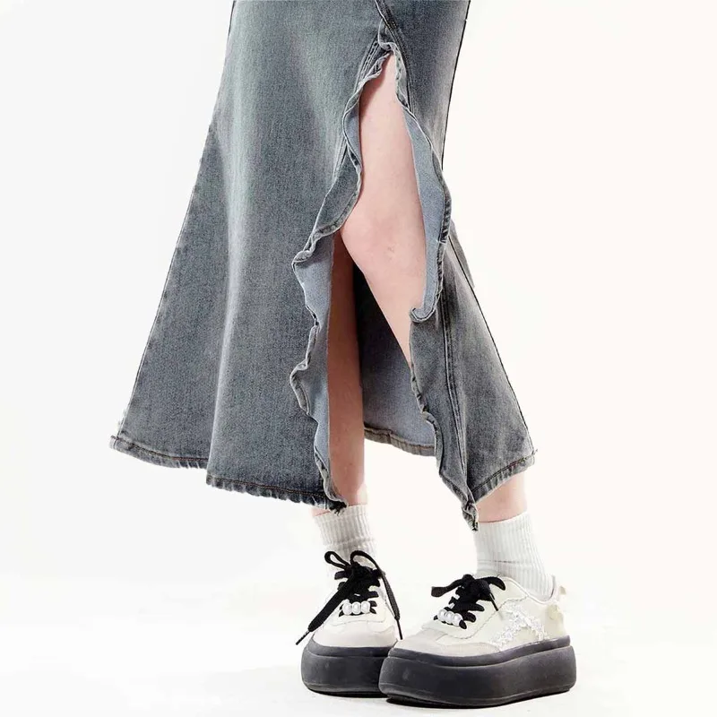 Women's American Vintage Denim Midi Skirt 2026 Summer New Washed Irregular Ruffle Split High Waist Casual Streetwear Long Skirt