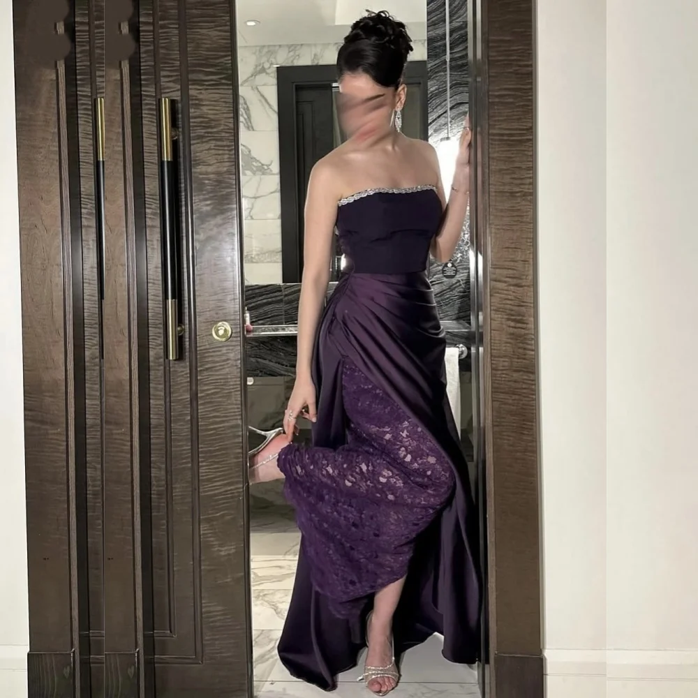 Customized Charmeuse Lace Rhinestone Strapless A-line Long Dresses Bespoke Occasion High Quality Women Chic Violet Evening Party