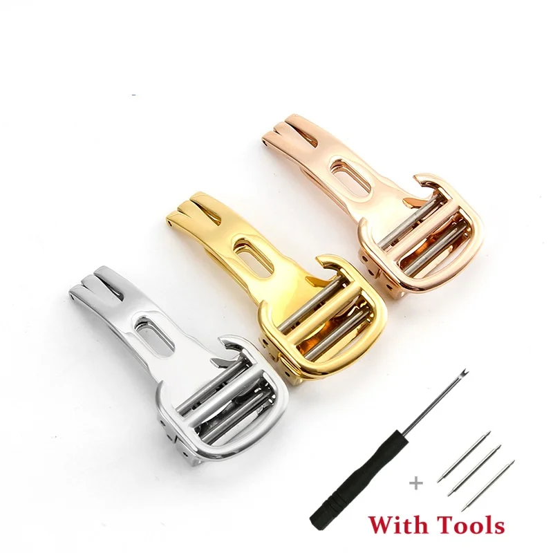 14mm 16mm 18mm 20mm 304L Stainless Steel Watch Strap for Leather Watch Band Metal Folding Butterfly Watch Clasp Accessories