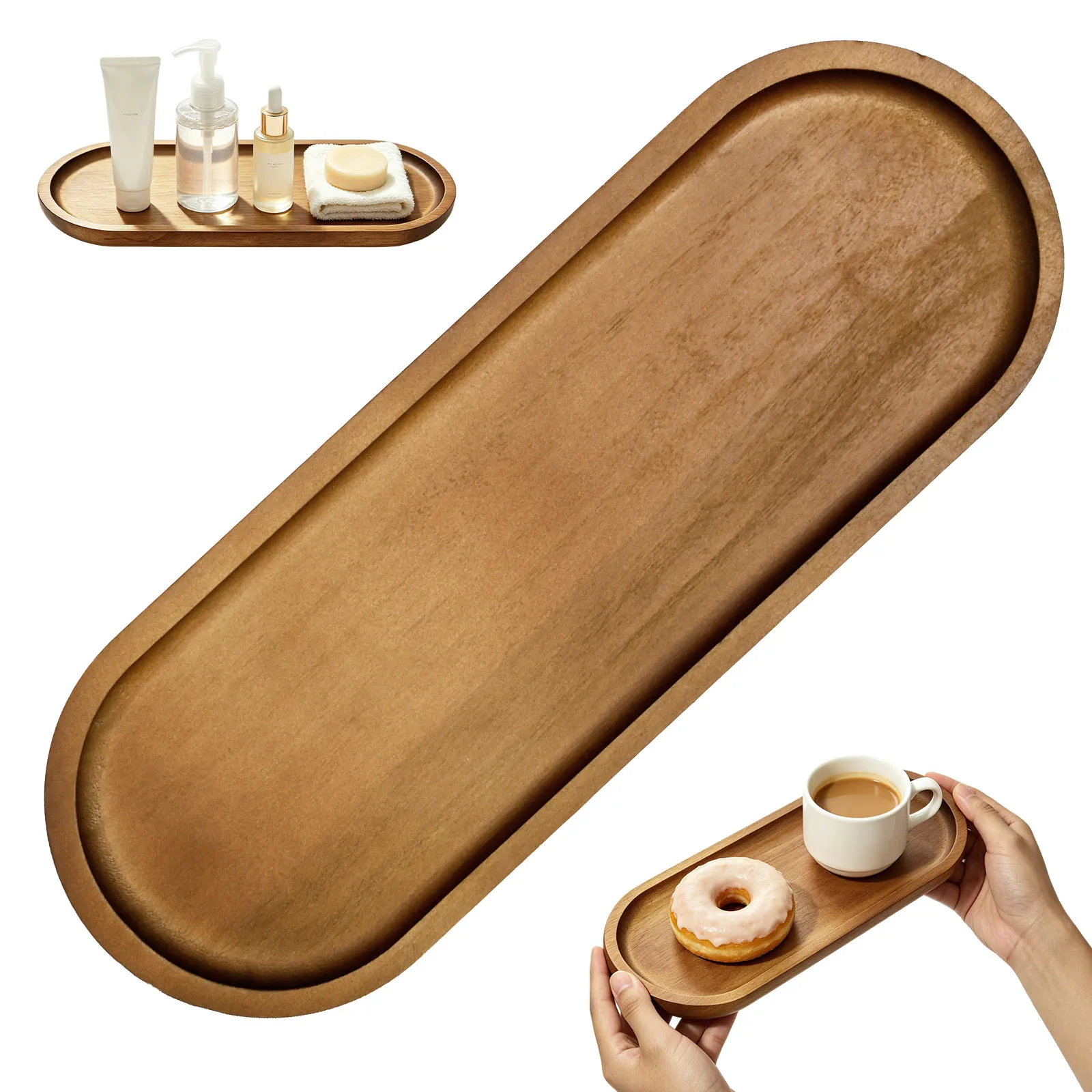 Petit plateau de service ovale en bois d'acacia polyvalent, plateau décoratif pour comptoir, plateau pour bijoux et clés