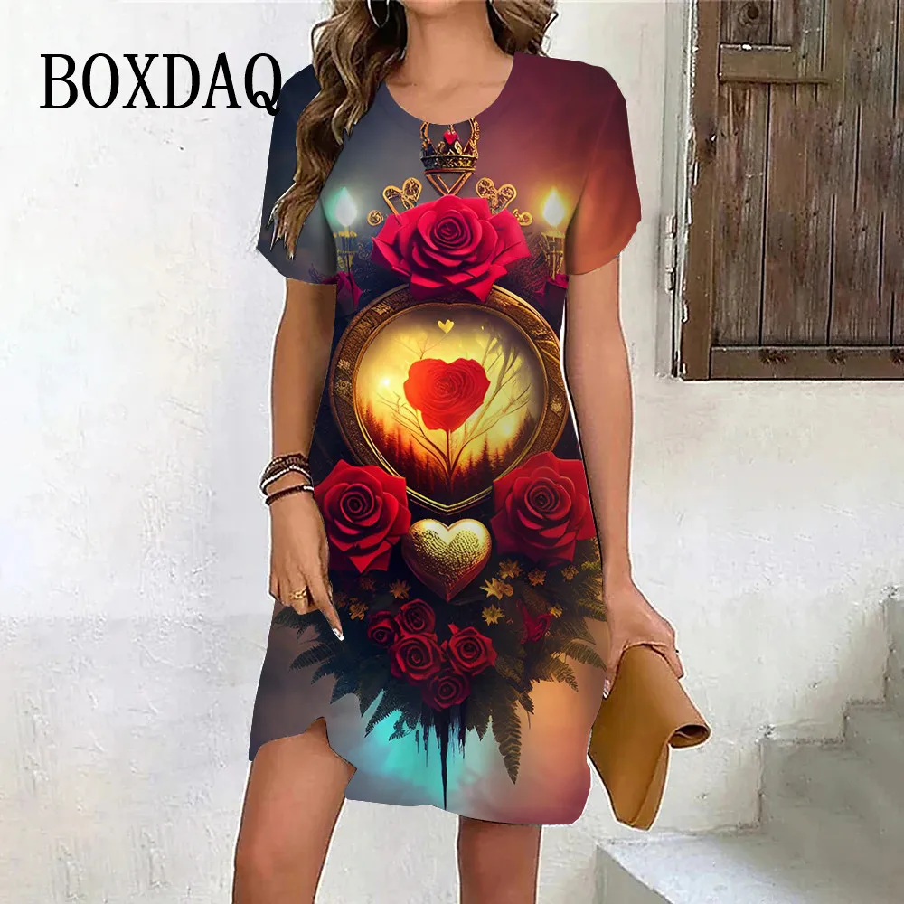 New Spring Fashion Gothic Style Red Rose Flower Print Dress Women Loose Plus Size Mini Dress Casual O-Neck Short Sleeve Clothes