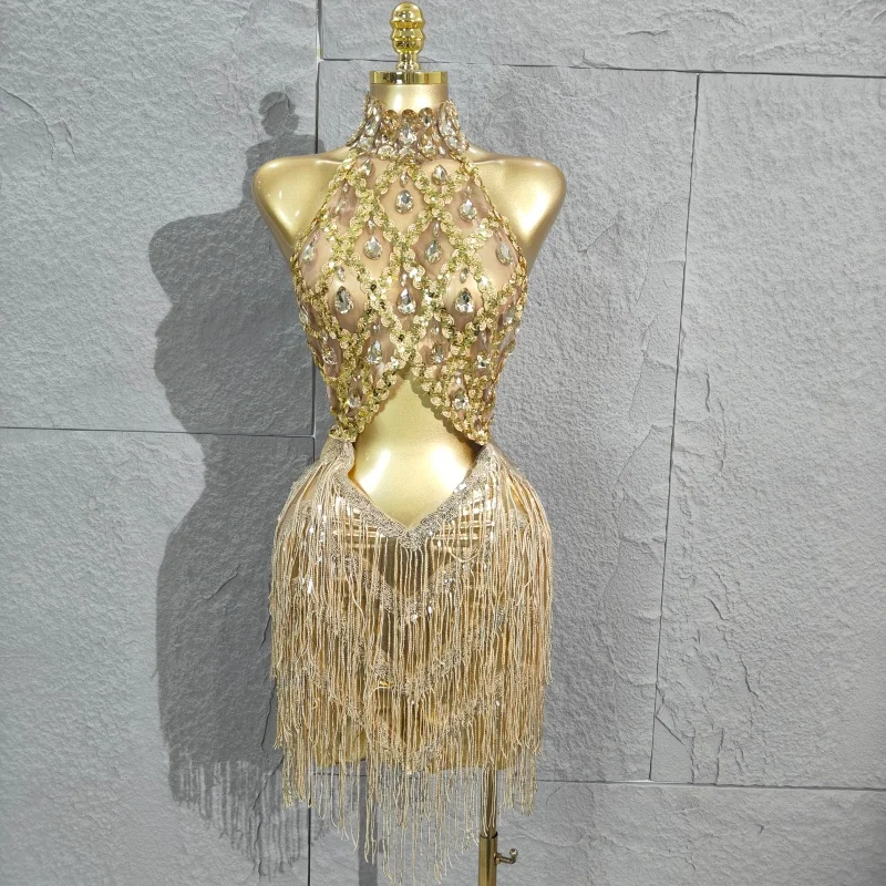 

Dance Show 2025 New Sexy Fashion Gold Sparkly Stage Costume Women Birthday Party Rhinestones Tassels Transparent Short Dress