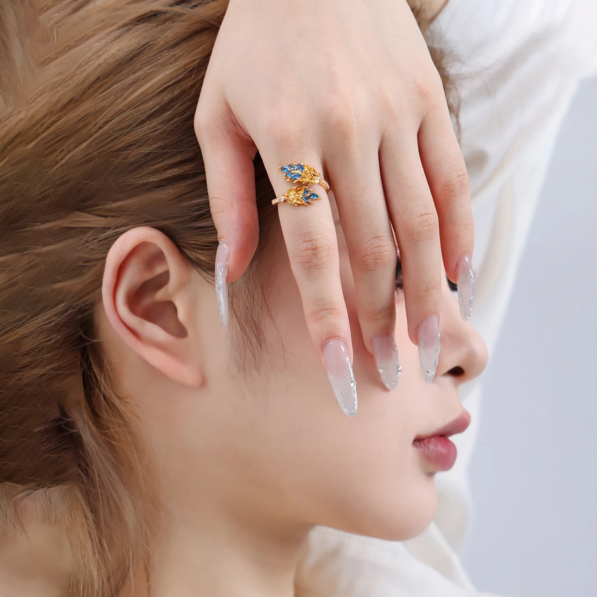 

2024 New Three Wheat Ears Blue and Yellow Stone Open end Rings for Women Office Party Friends Gifts Jewelry Accessories